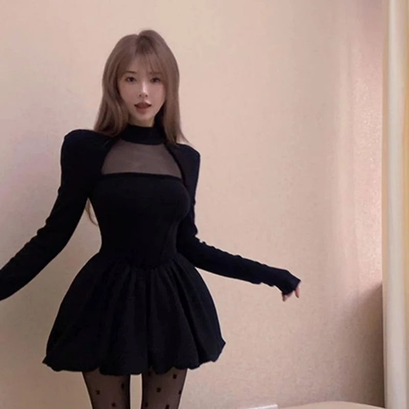 Chic Patchwork Solid Half High Collar Puffy Dress - Image 14