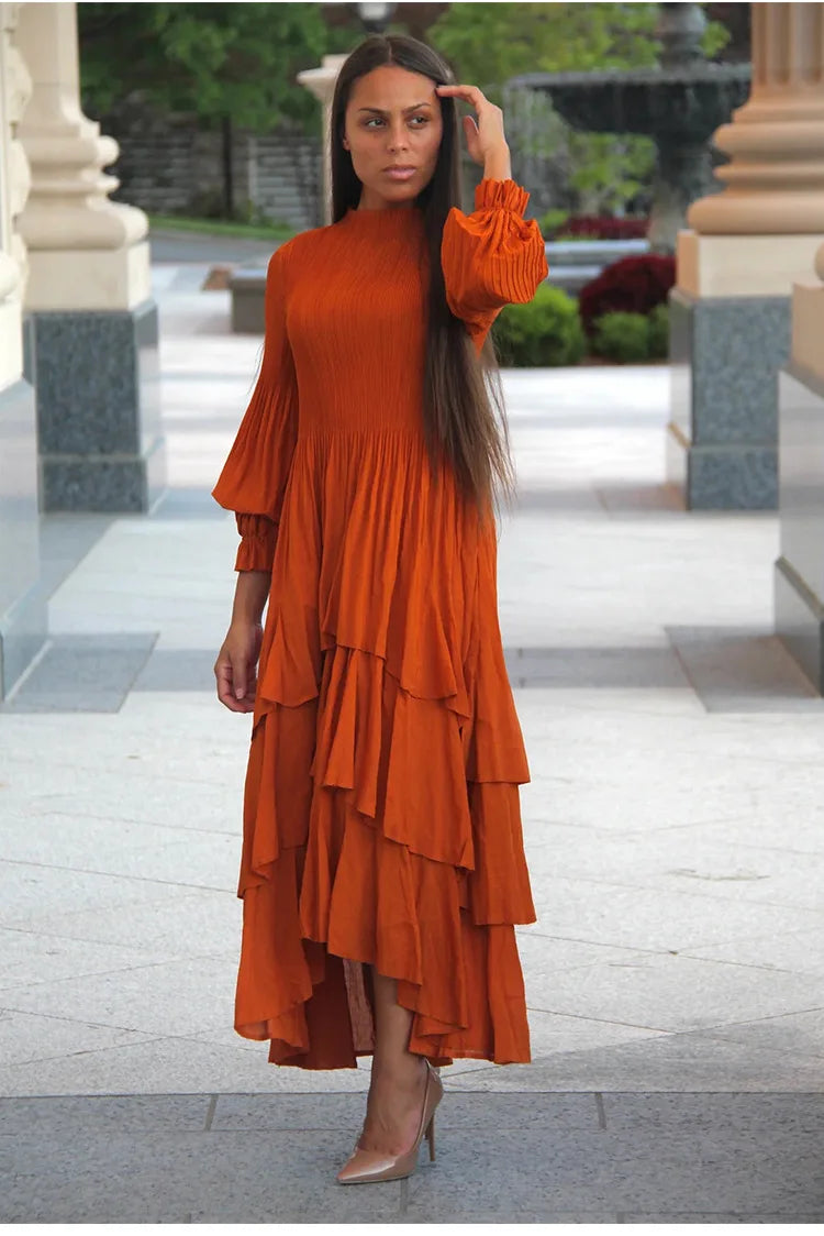 Elegant Lantern Sleeve Dress with Lotus Edge Skirt - Image 27
