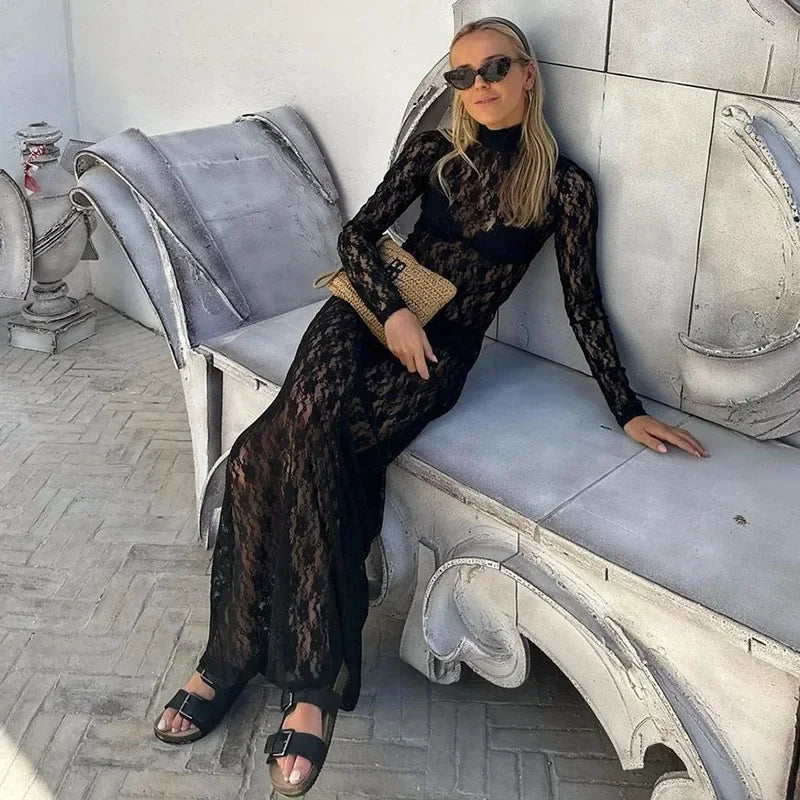 Elegant Turtleneck Lace Bodycon Maxi Dress for Parties - Image 14