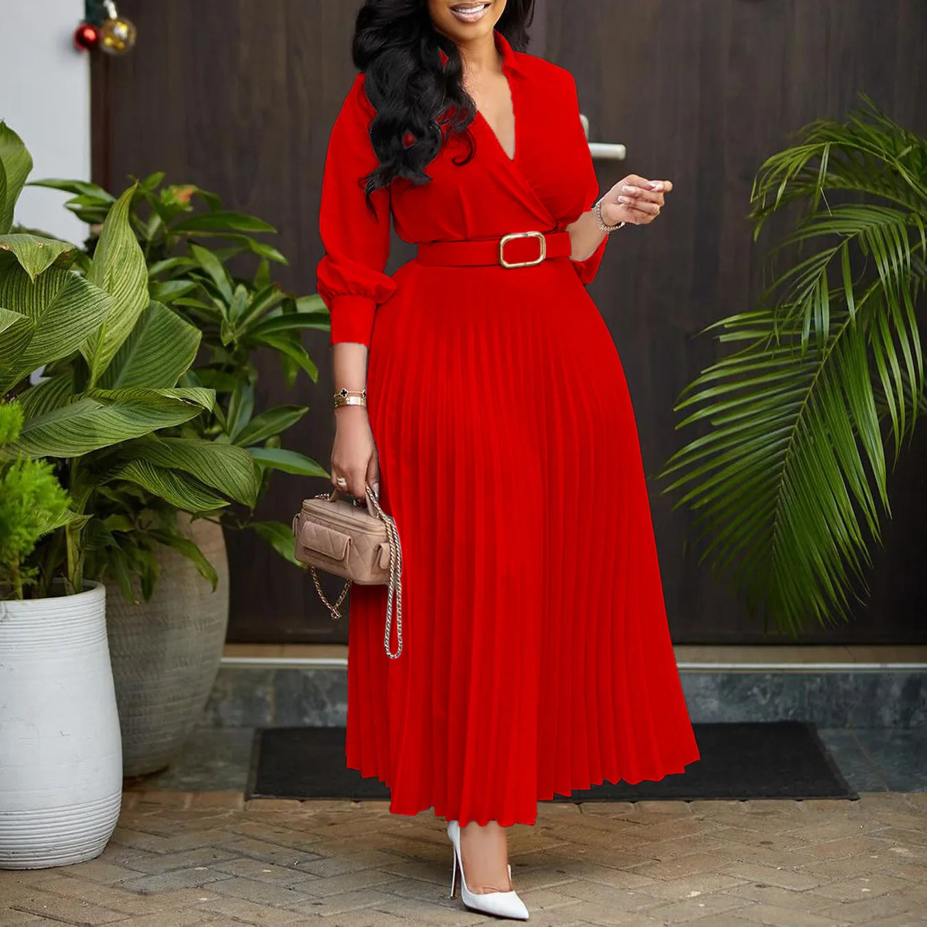 Elegant Pleated V-Neck Midi Dress for Autumn Events - Image 10