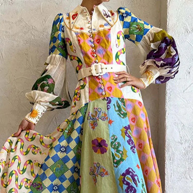 Elegant Women's V-Neck Lantern Sleeve Printed Dress - Image 10