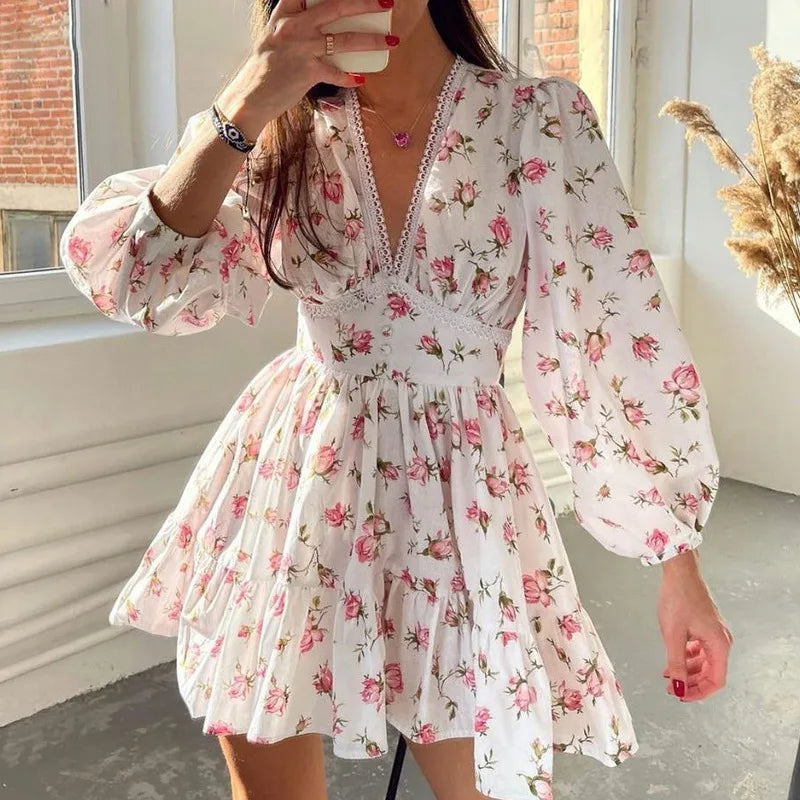 Floral Print Summer Mini Dress with Ruffles & V-Neck - Image 3