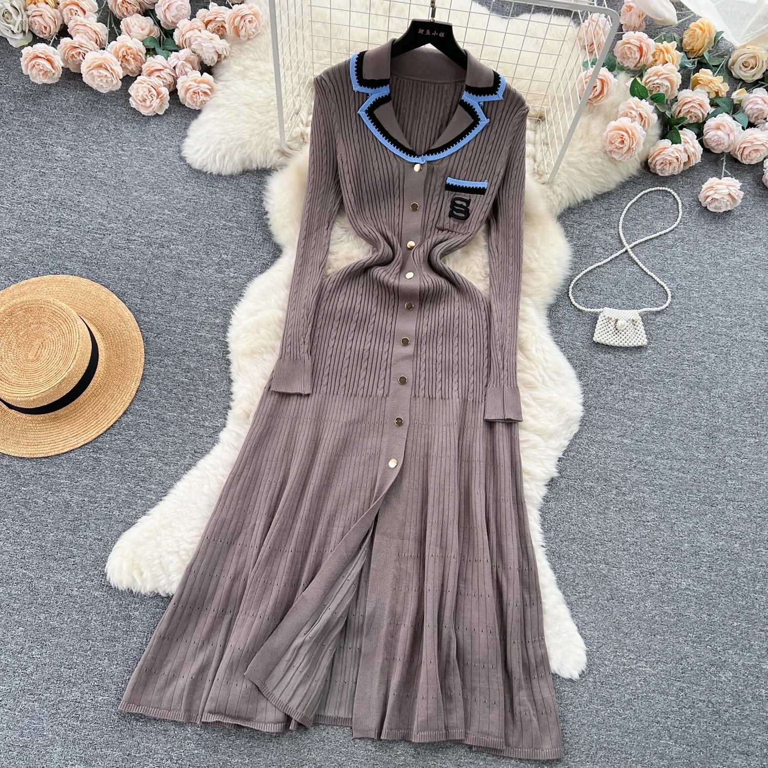 Elegant V-Neck Knitted Dress for Women - Long Sleeve A-Line - Image 23