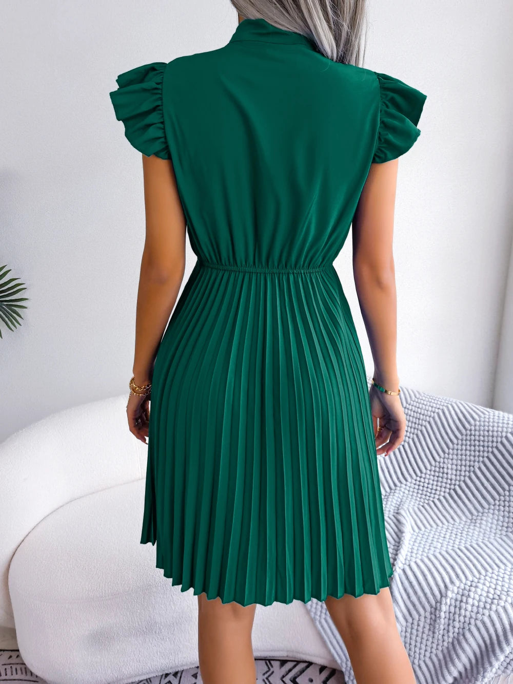 Elegant Summer Pleated Dress with Bow and Ruffles for Women - Image 31