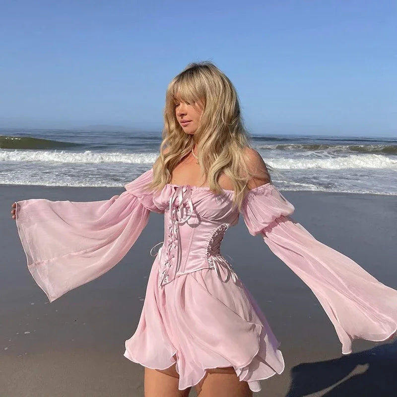 Chic Pink Chiffon Mini Dress with Puff Sleeves - Image 26