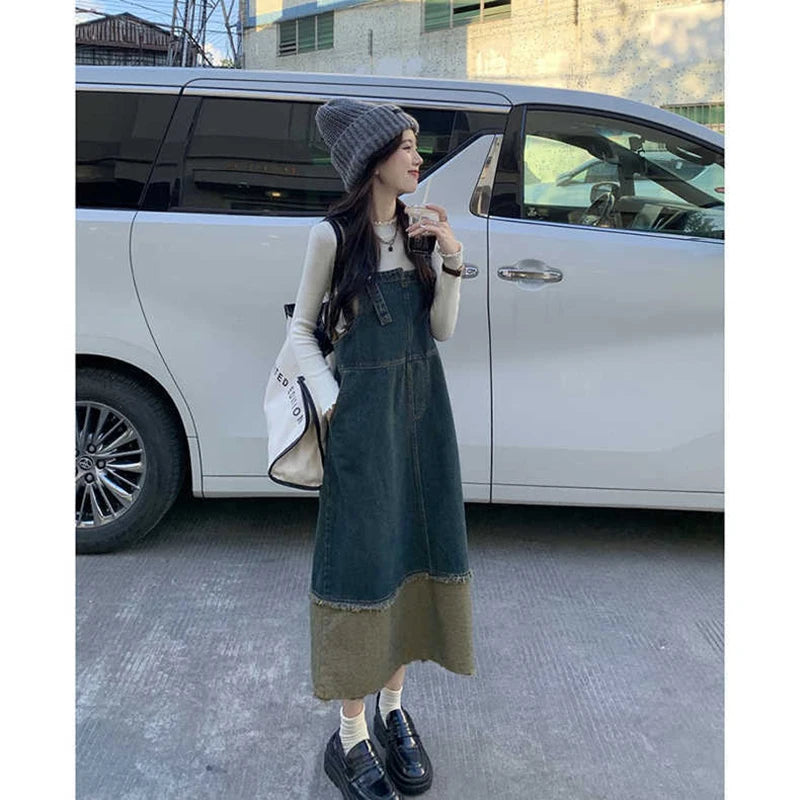 Retro Sleeveless Denim Dress with Irregular Color Patchwork - Image 5