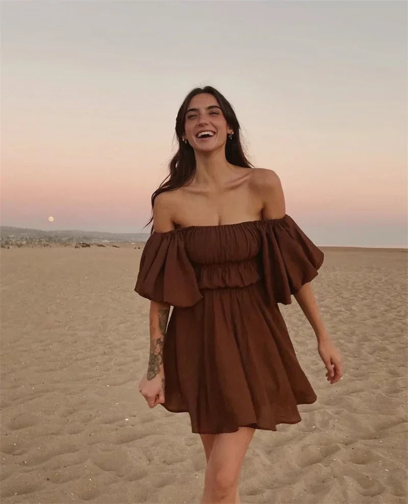 Elegant Off-Shoulder Puff Sleeve Summer Dress in Solid Colors - Image 18