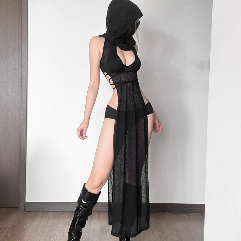 Women’s Gothic Black Hooded High Split Long Dress - Image 14