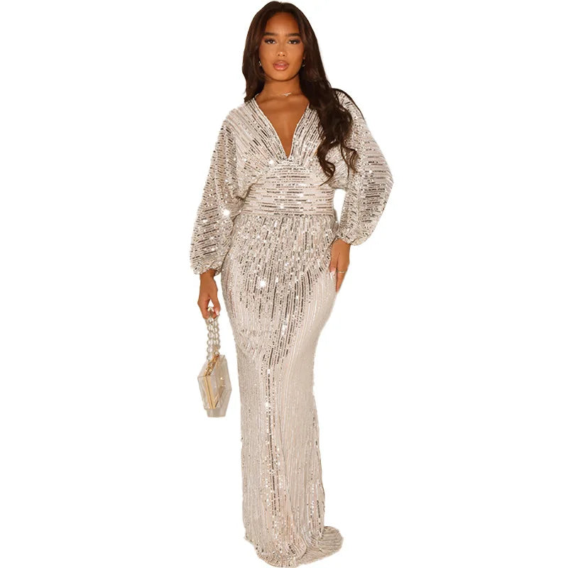 Elegant V-Neck A-Line Sequins Evening Dress for Women - Image 17