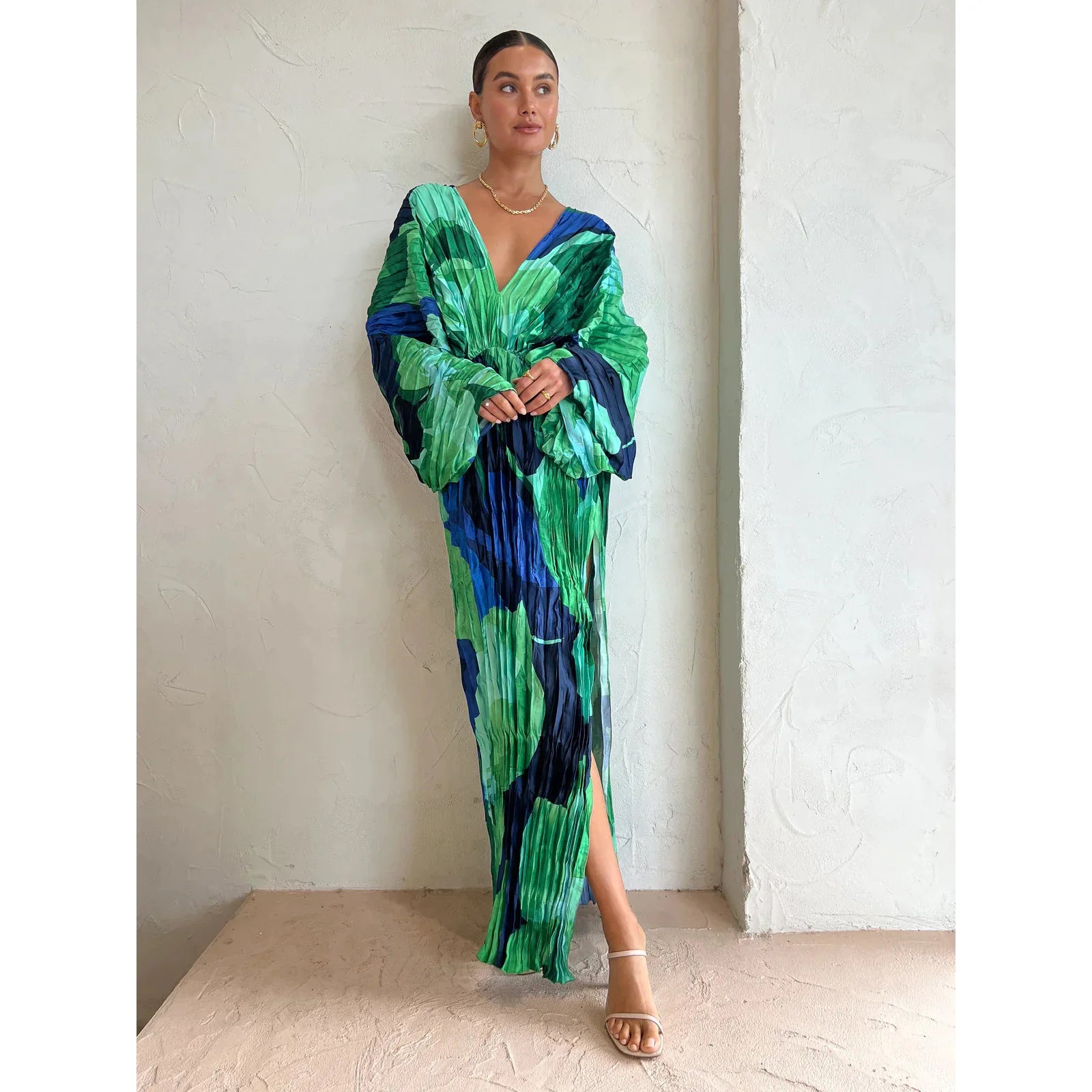 V-Neck High Slit Color Printed Dress for Women - Image 3