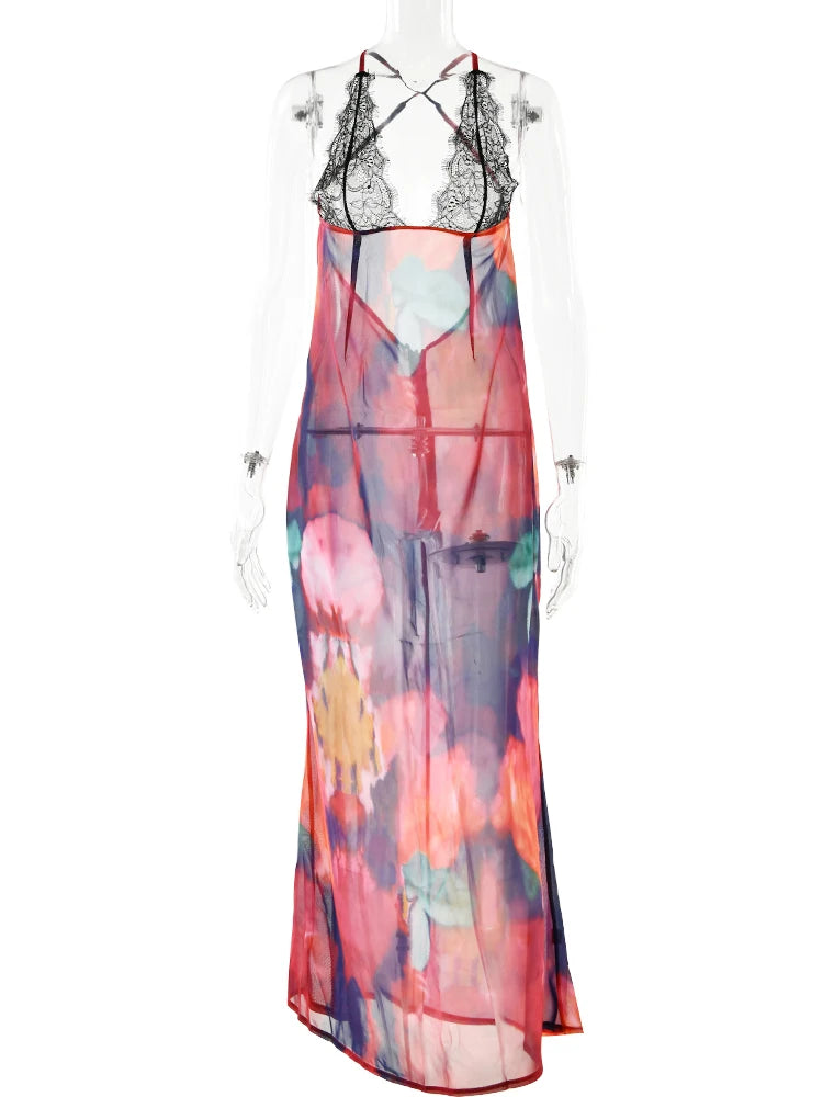 Elegant Tie Dye Floral Chiffon Backless Summer Dress - Image 8