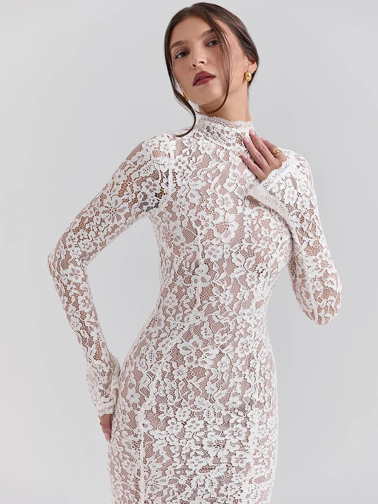 Elegant Lace Midi Dress with High Collar for Women - Image 6