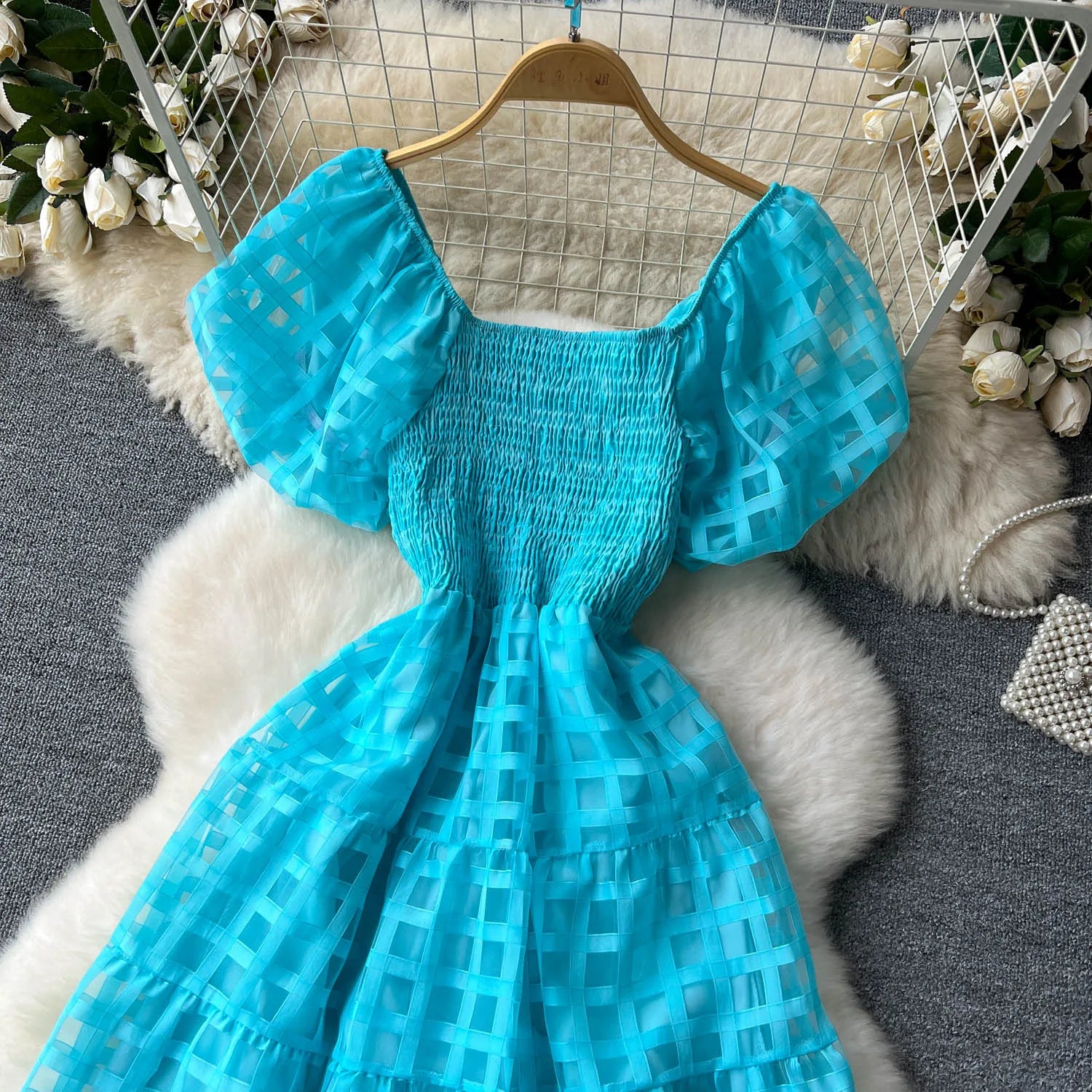 French Vintage Square Collar Puff Sleeve Summer Dress - Image 30