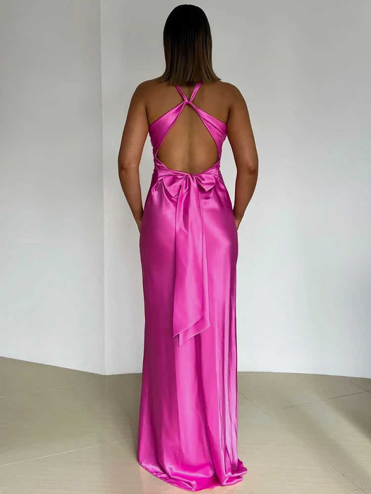 Satin Backless Maxi Dress - Elegant V Neck Evening Gown - Image 5