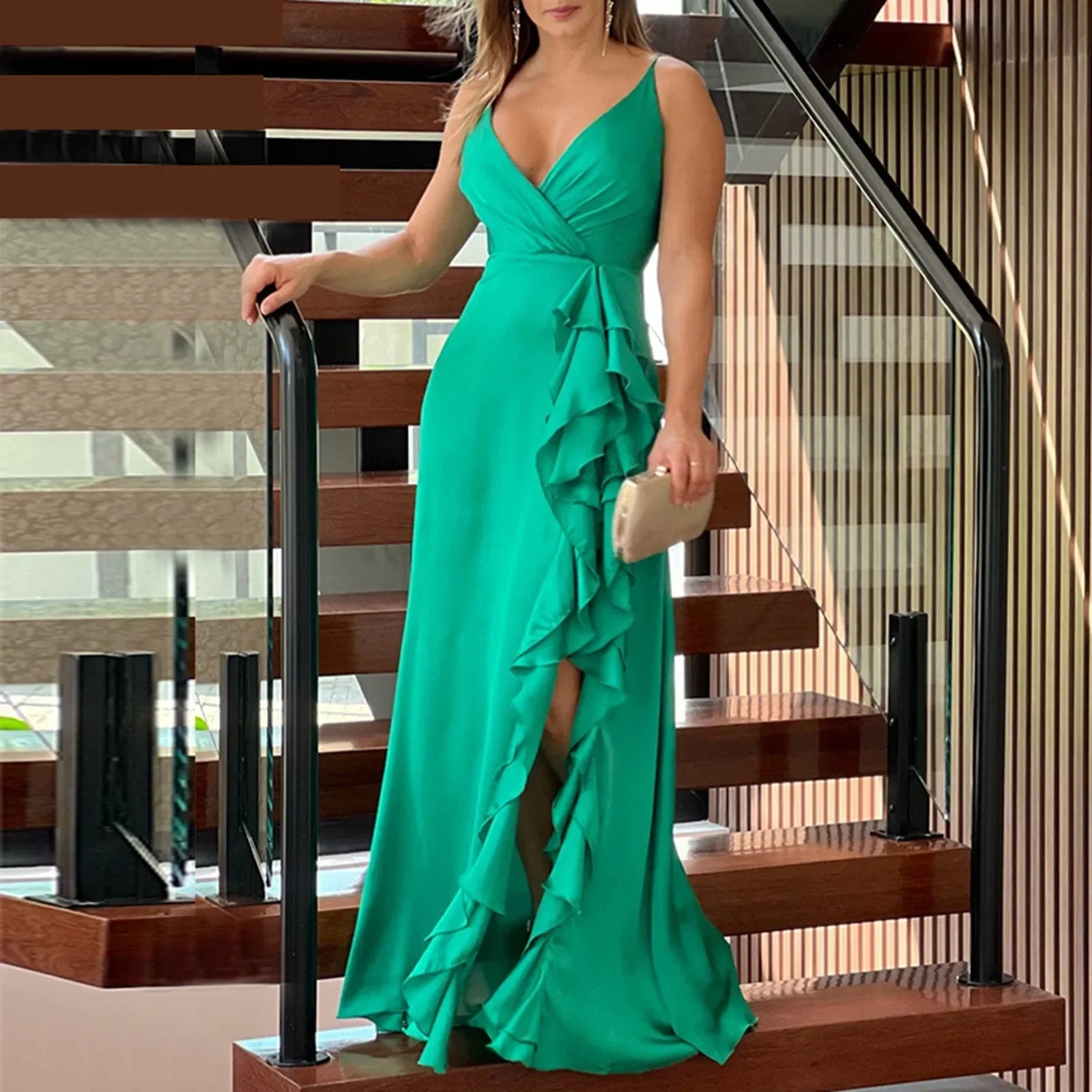Maxi Dress with Ruffle Hem and Deep V-Neck - Summer Beach Party