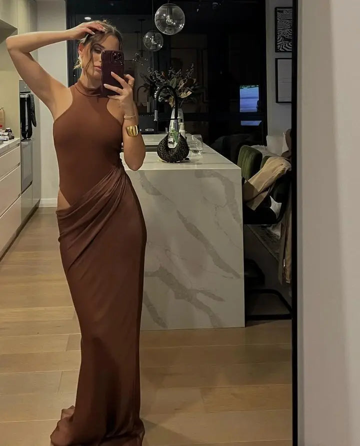 Elegant Sleeveless Satin Patchwork Hollow Out Dress for Women - Image 65