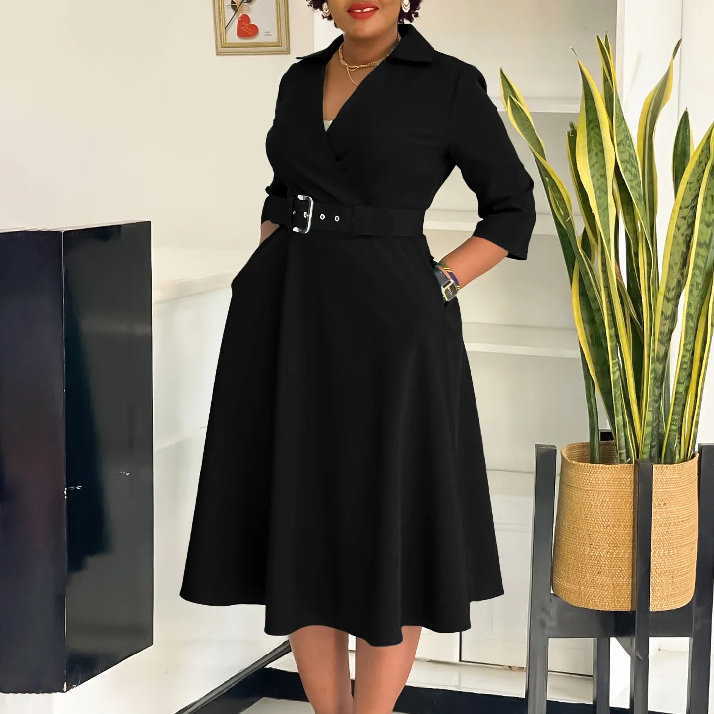 Chic Women's Autumn Lapel Solid Color Swing Dress - Image 36