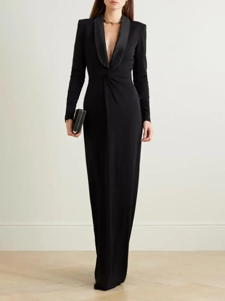Elegant Deep V-Neck Black Slim Fit Evening Dress
