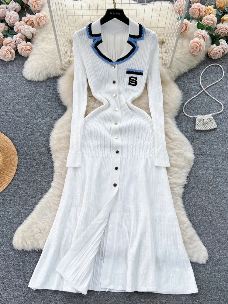 Elegant V-Neck Knitted Dress for Women - Long Sleeve A-Line - Image 5
