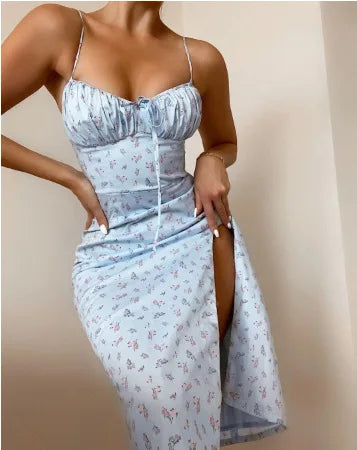 Chic Flower Print Spaghetti Strap Bodycon Beach Dress - Image 7
