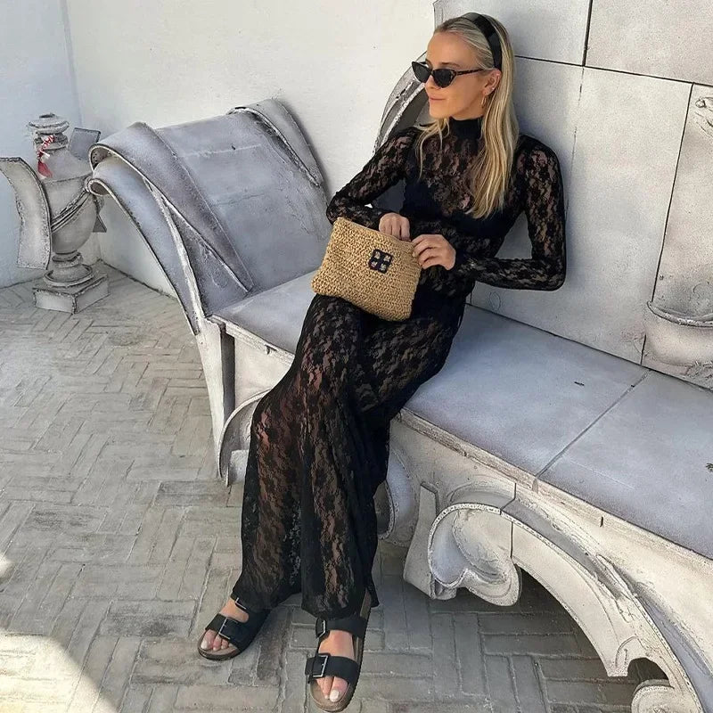 Elegant Turtleneck Lace Bodycon Maxi Dress for Parties - Image 13