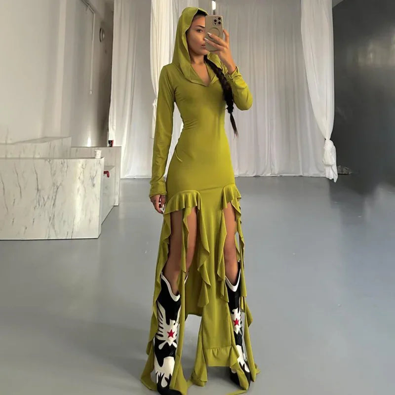 Elegant Hooded Maxi Dress with Ruffle Detail for Women - Image 8