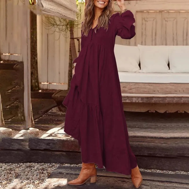 Elegant Vintage V-Neck Cotton-Linen Maxi Dress for Women - Image 24