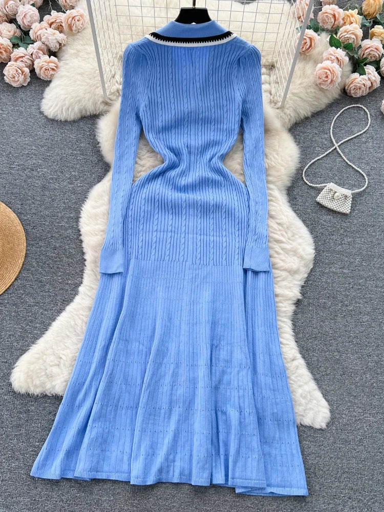 Elegant V-Neck Knitted Dress for Women - Long Sleeve A-Line - Image 7