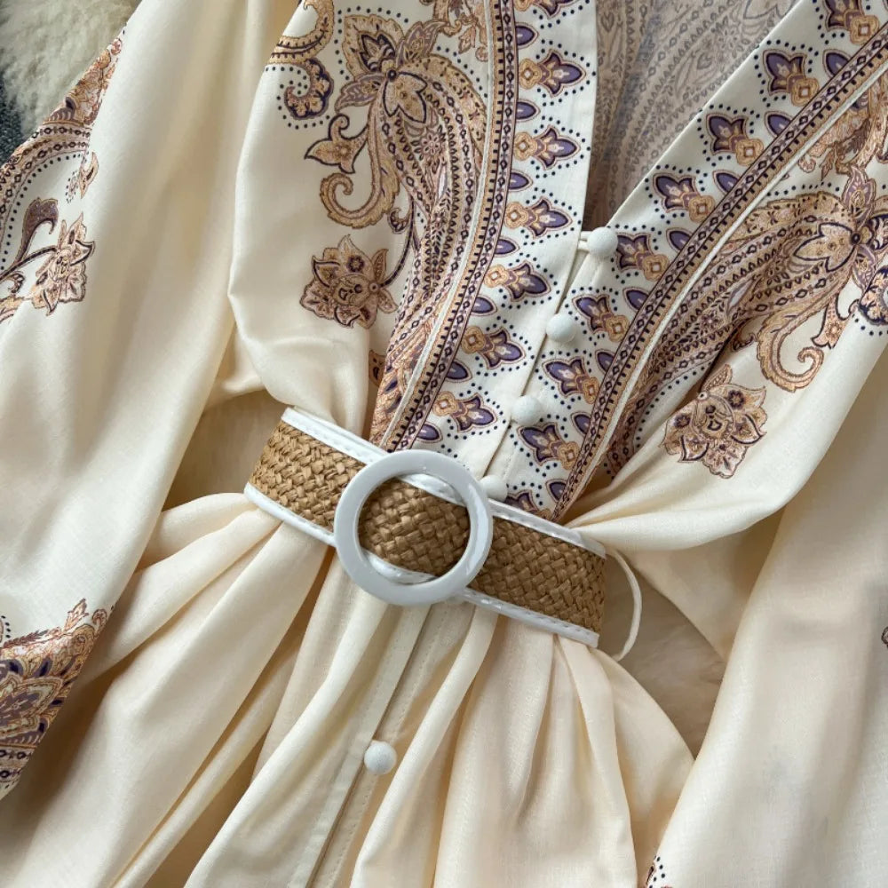 Elegant V-Neck Lantern Sleeve Vintage Dress with Belt - Image 5