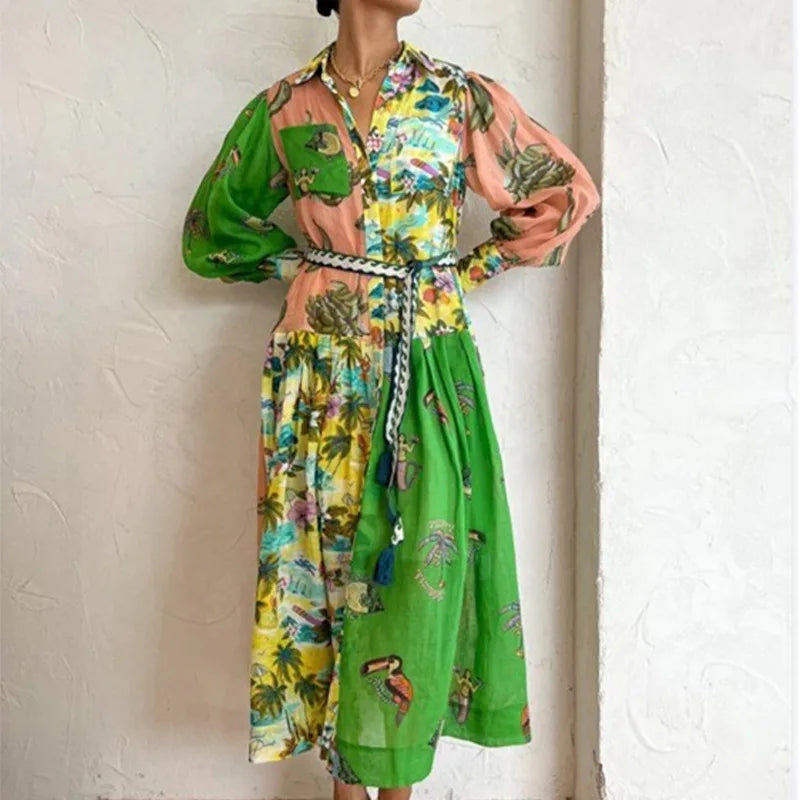 Elegant Women's V-Neck Lantern Sleeve Printed Dress - Image 21