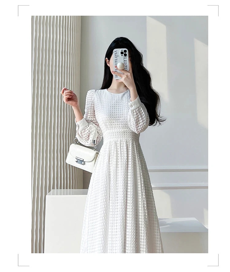 Elegant White Midi Dress with Lace Long Sleeves - Image 19