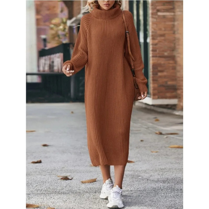 Women's Solid Color High Collar Long Knit Sweater Dress
