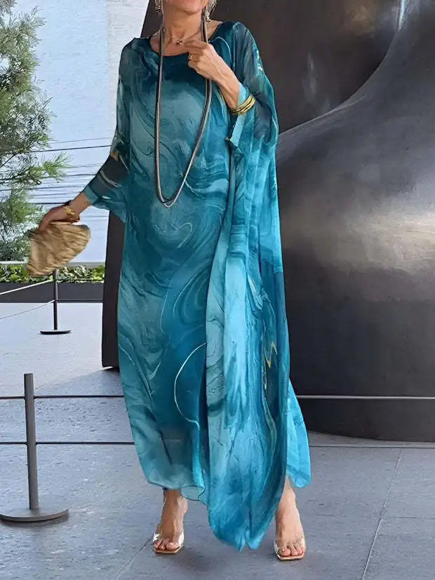 Elegant Marble-Print Chiffon Long Dress for Women - Image 9