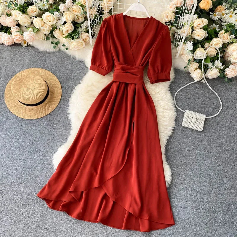V-neck Solid Color Bubble Dress with Ruffle Edges - Image 3