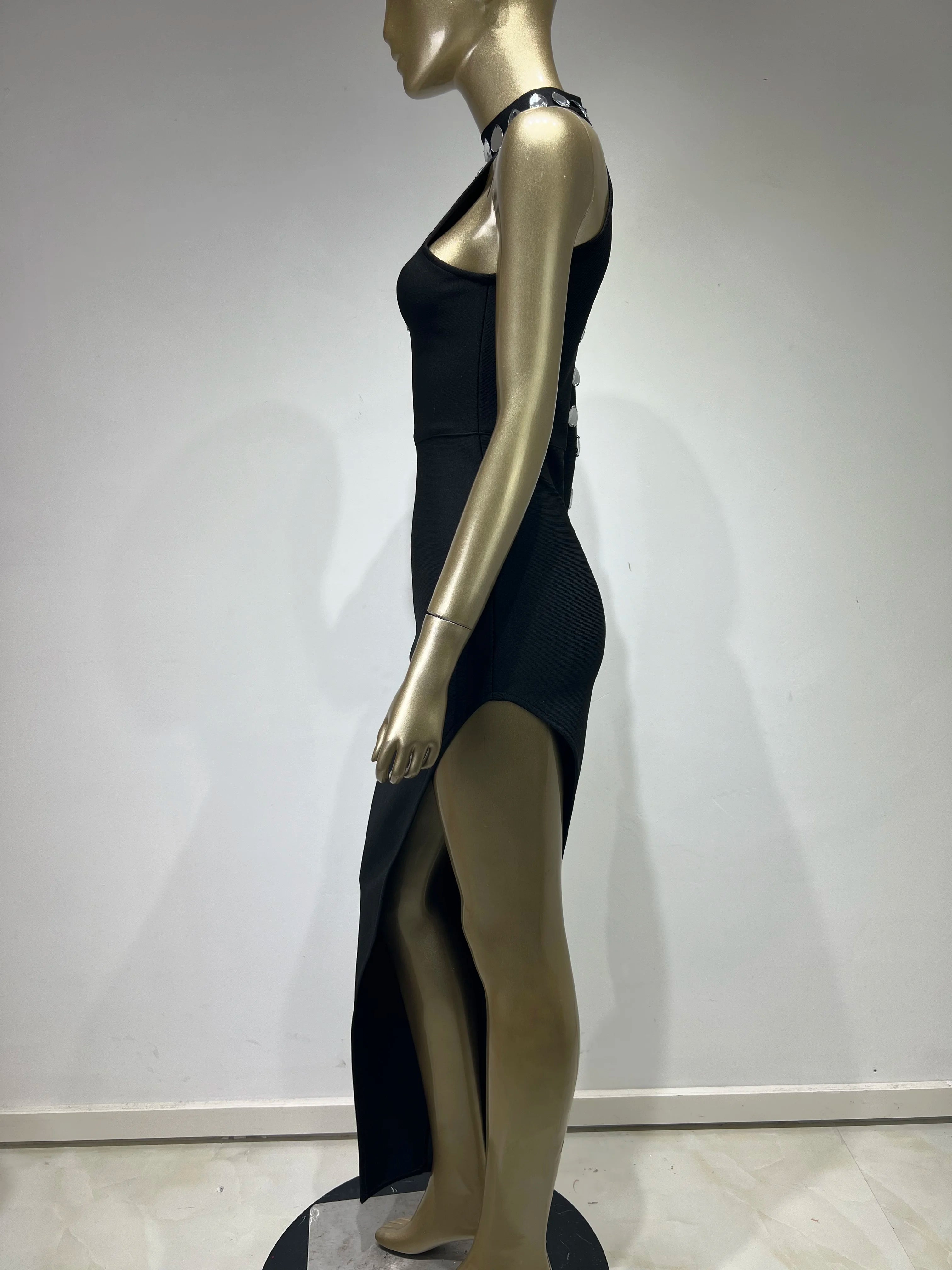 Elegant Rhinestone Black Maxi Bodycon Dress for Women - Image 11
