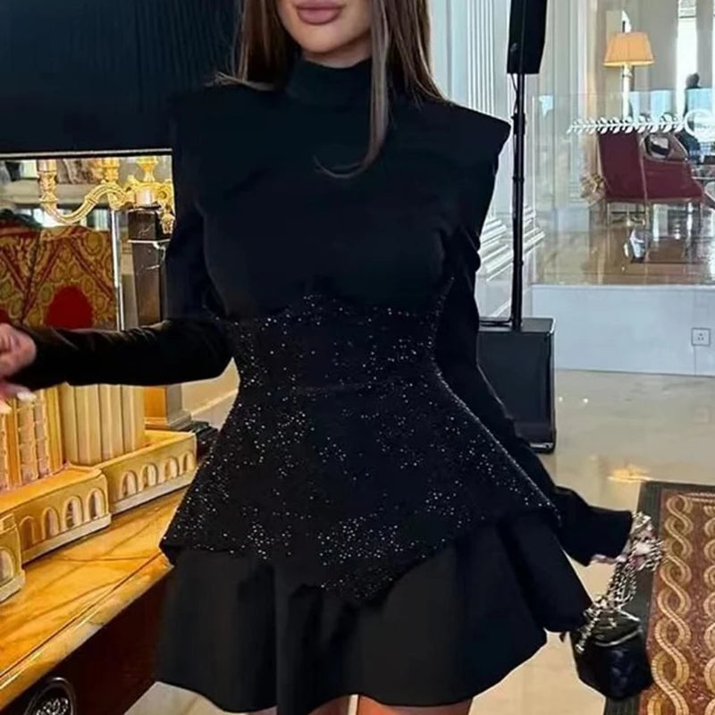 Elegant Black Sequin Pleated O-Collar Sleeved Dress - Image 6
