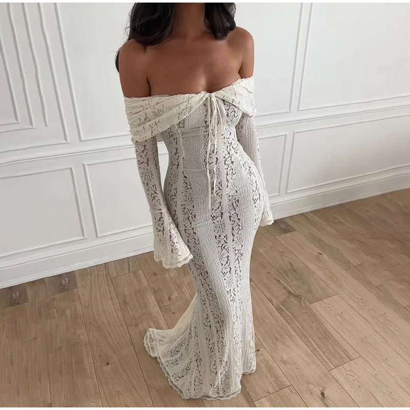 Elegant White Floral Lace Off-Shoulder Maxi Dress for Women - Image 31