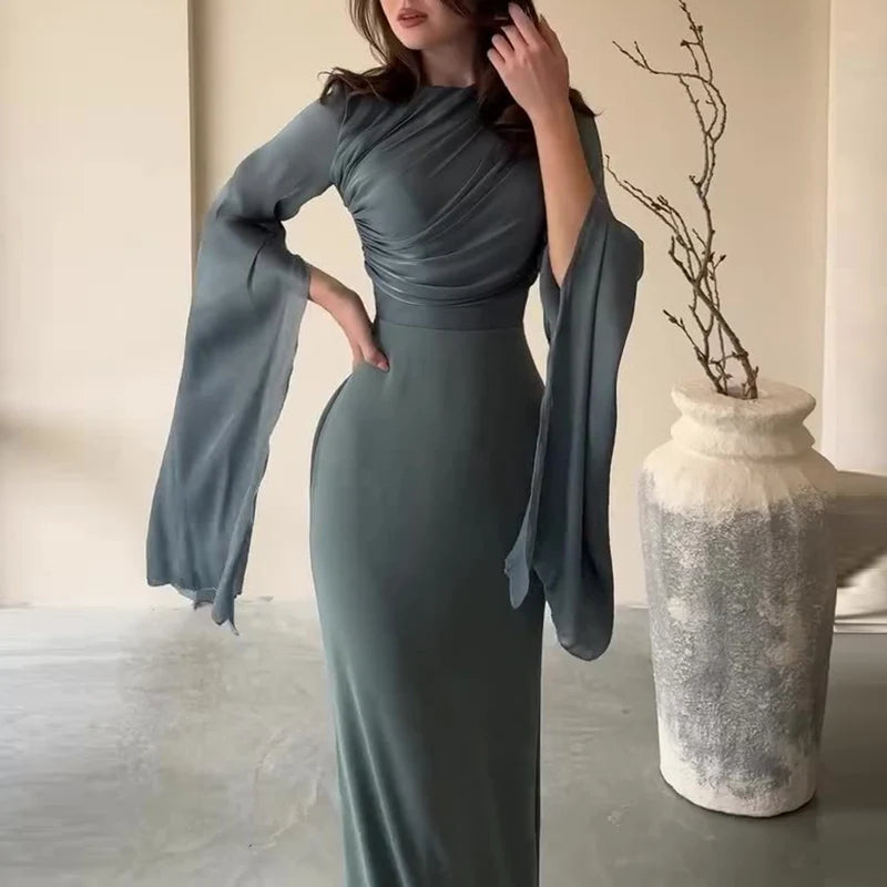 Elegant Satin Solid Robe Dress with Batwing Sleeves - Image 21