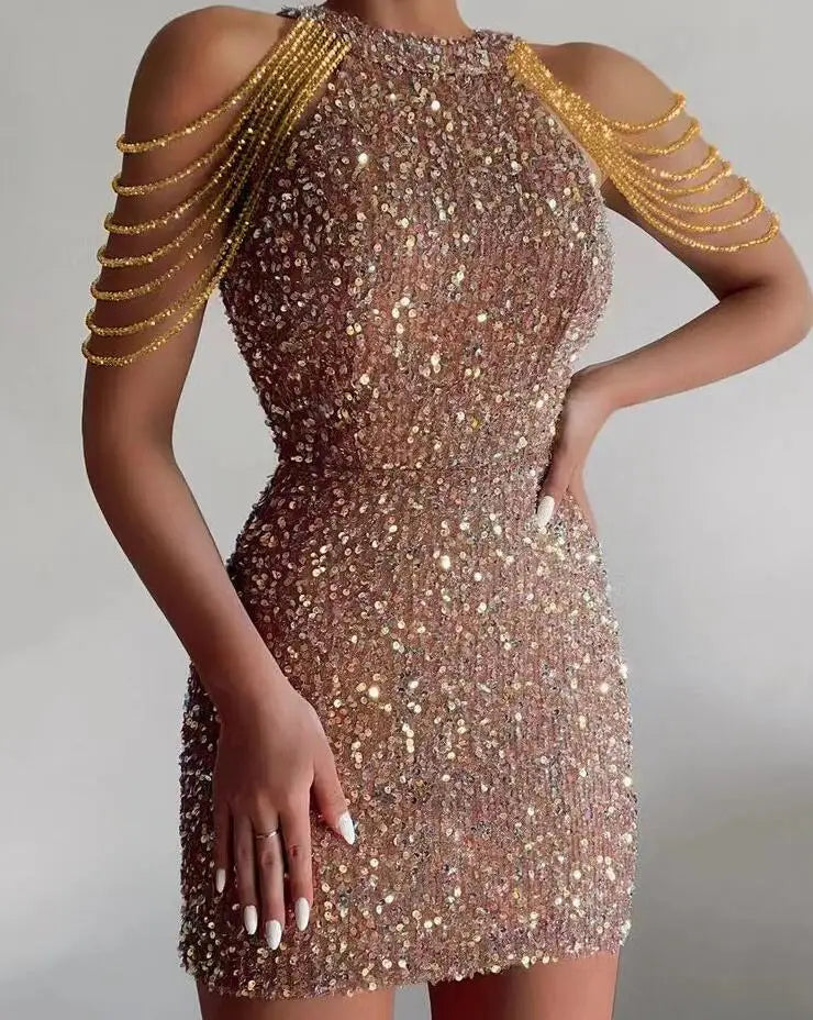 Elegant Sleeveless Sequin Dress with Chic Chain Neckline - Image 9