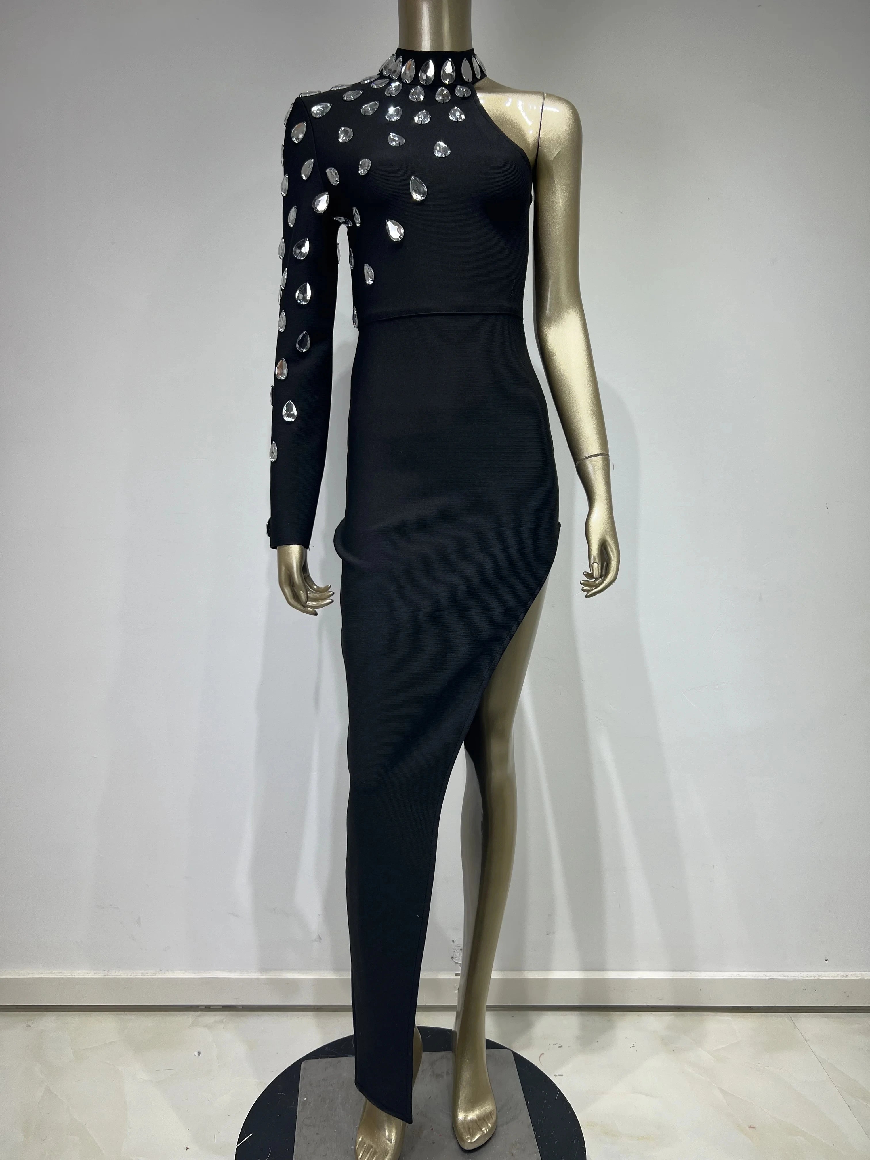 Elegant Rhinestone Black Maxi Bodycon Dress for Women - Image 6