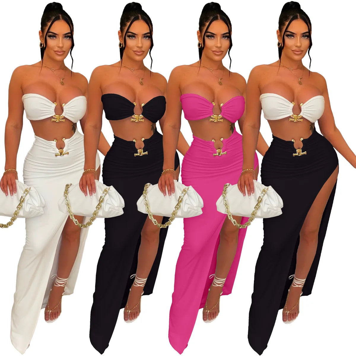 Elegant Strapless Hollow Out White High Slit Dress for Women - Image 7