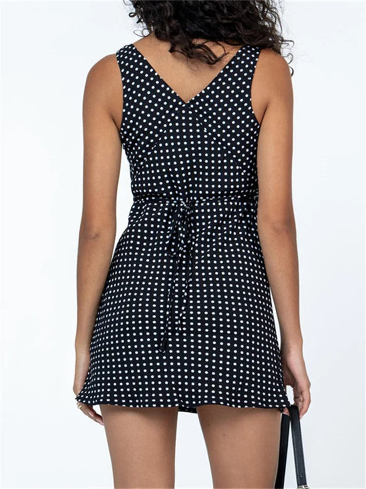 Deep V Neck Dot Print Sleeveless Casual Dress - Image 5