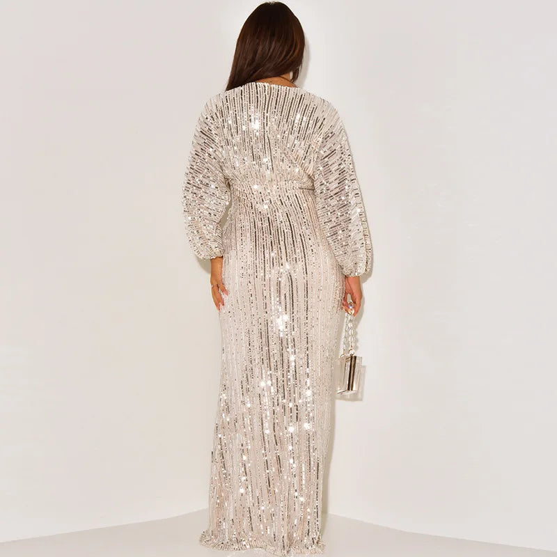 Elegant V-Neck A-Line Sequins Evening Dress for Women - Image 14