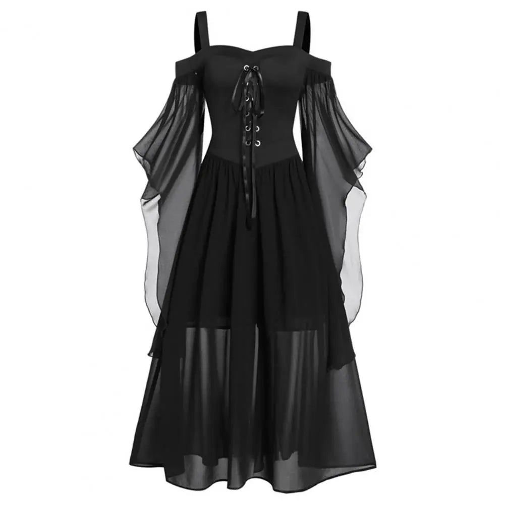 Gothic Medieval Cold Shoulder Lace-Up Cosplay Dress - Image 25
