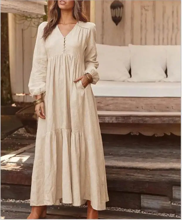 Elegant Vintage V-Neck Cotton-Linen Maxi Dress for Women - Image 17