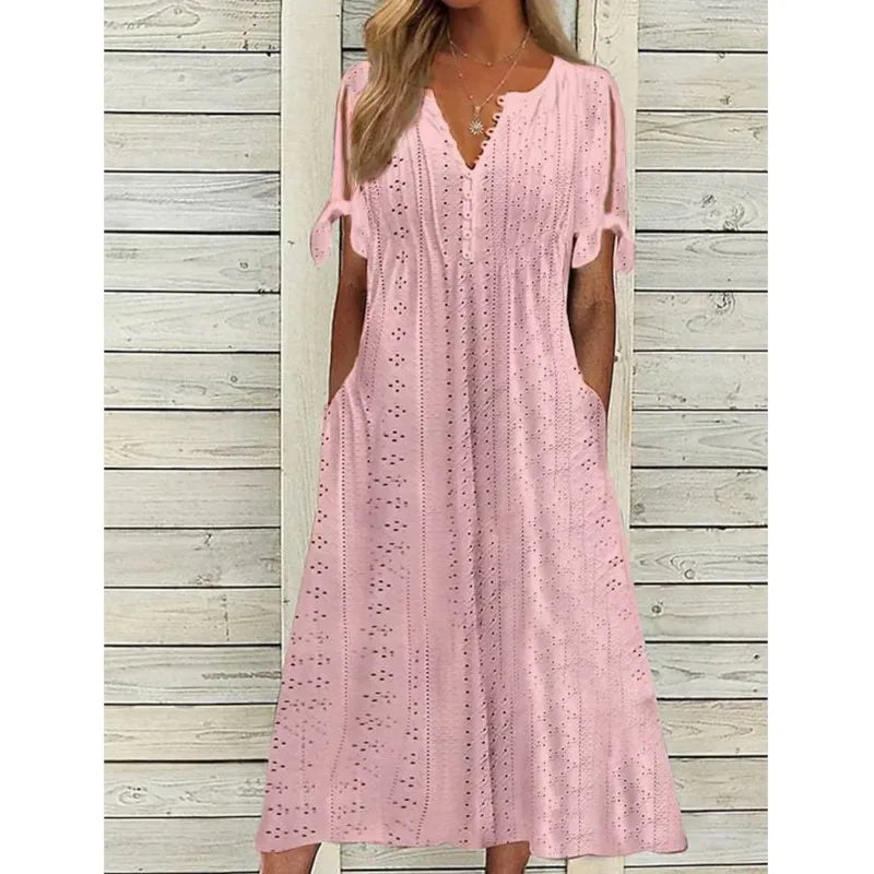 Chic Hollow Out V-Neck Lace Ruffle Long Summer Dress - Image 6