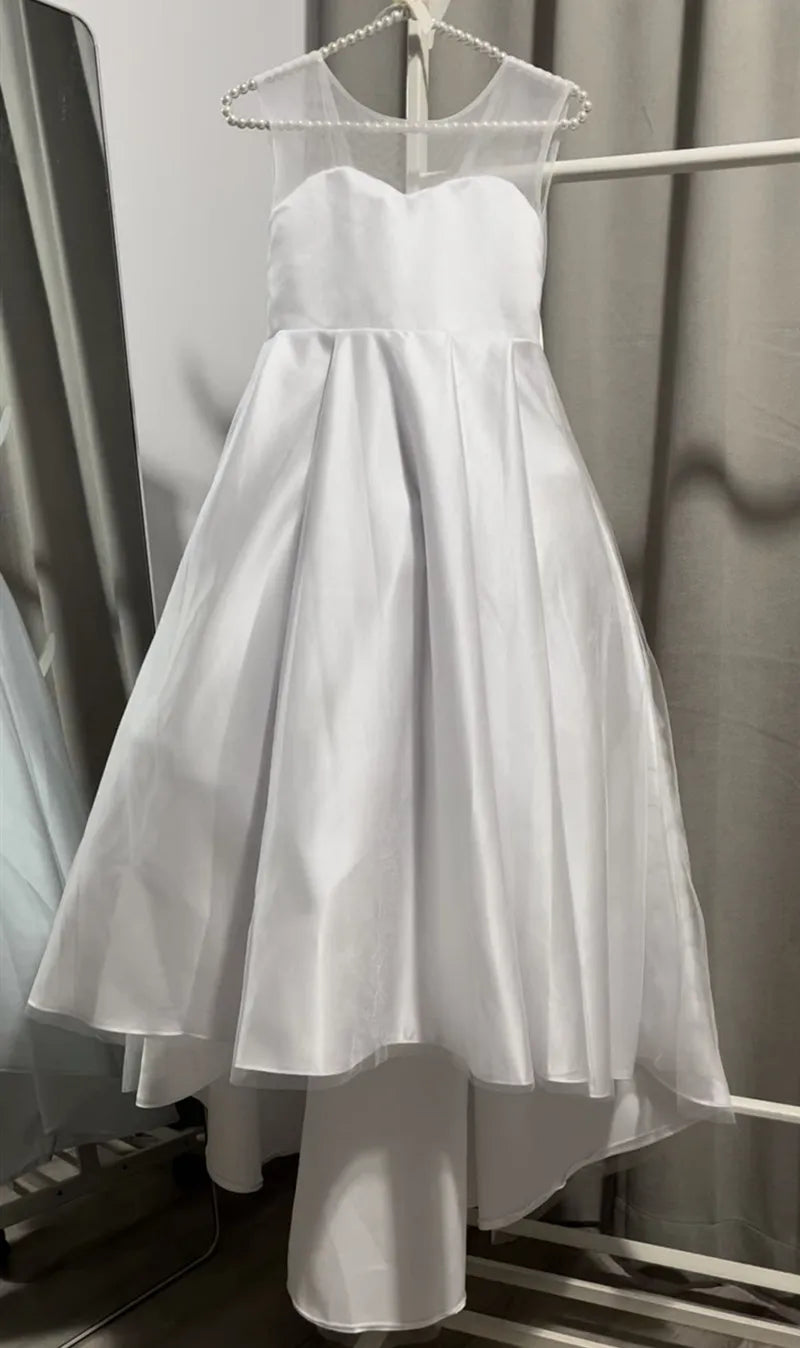 Elegant White Flower Girl Dress with Tulle Bow - Image 8