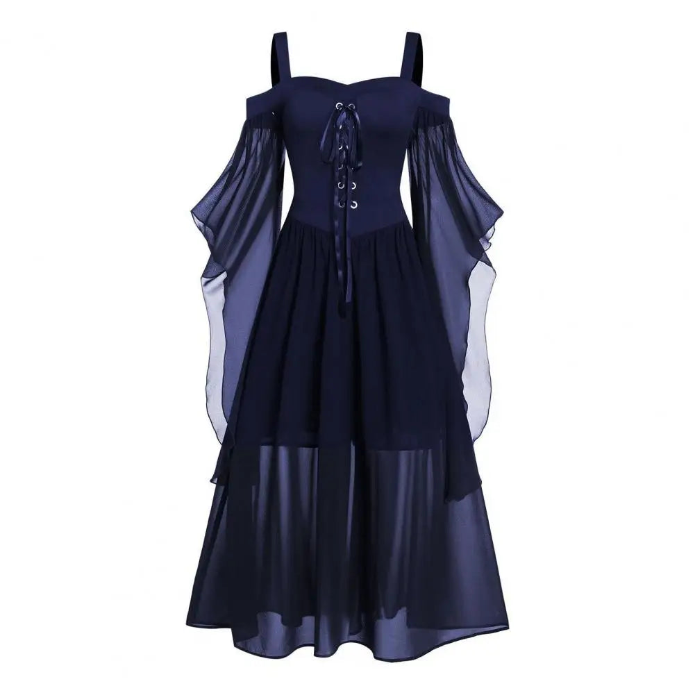 Gothic Medieval Cold Shoulder Lace-Up Cosplay Dress - Image 12