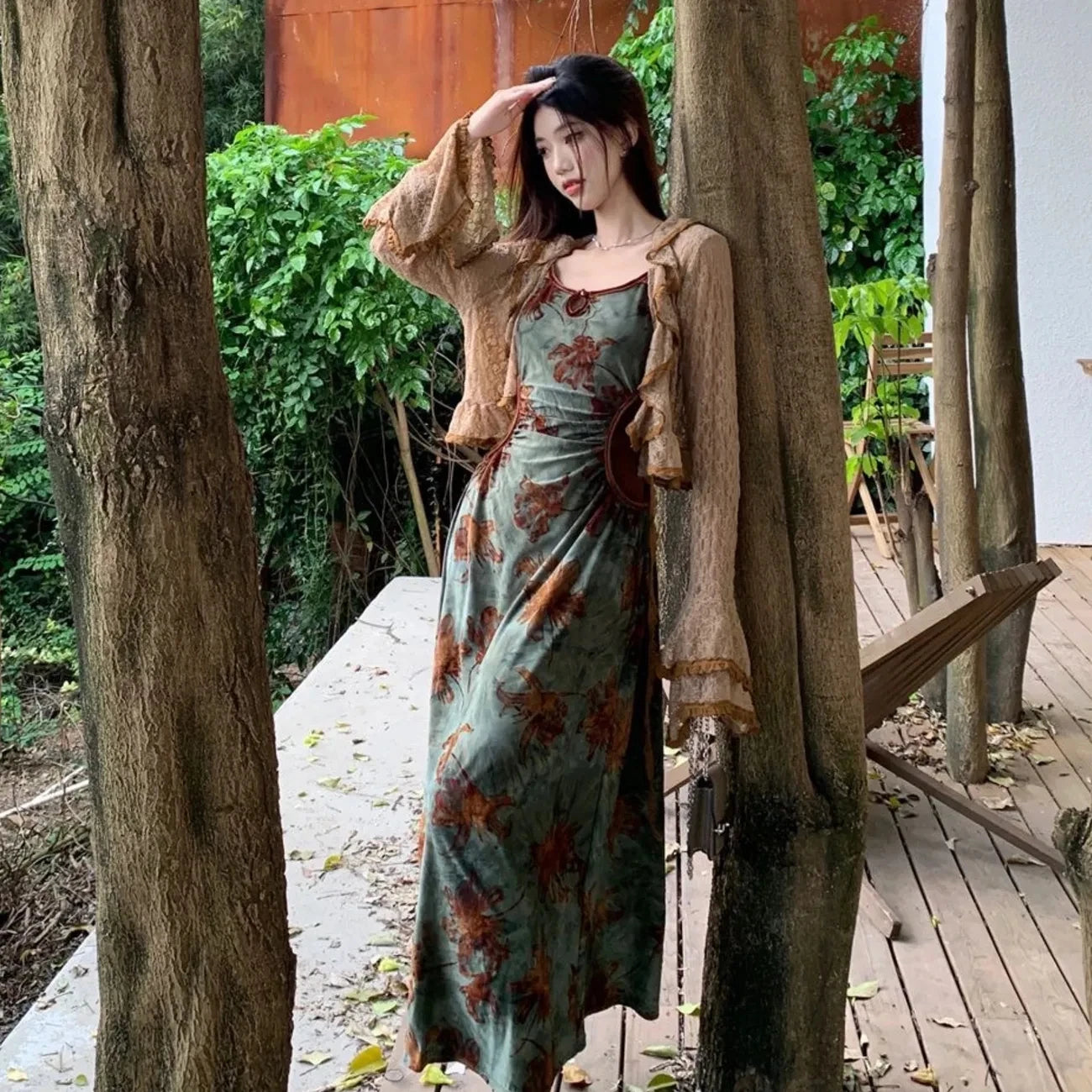 Chic Vintage Floral Maxi Dress with Ruffled Cardigan Set - Image 12