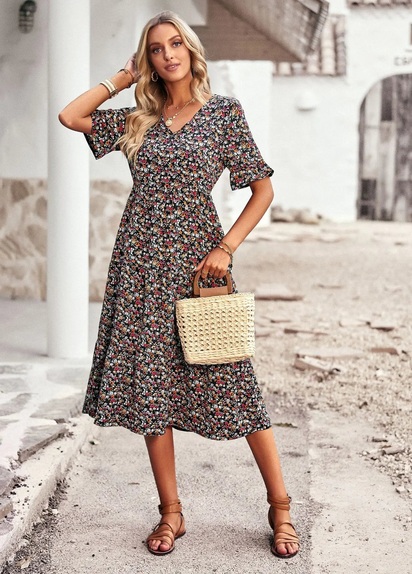 Chic V Neck Floral A-Line Dress for Summer - Image 34